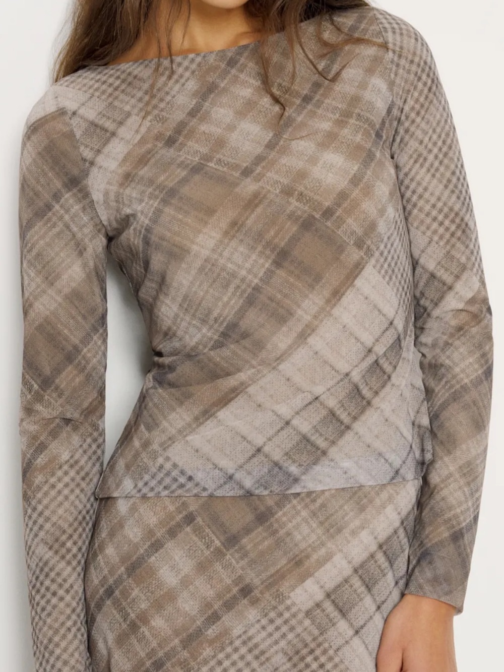 Reformation Plaid Long Sleeve Top in Taupe & Cream